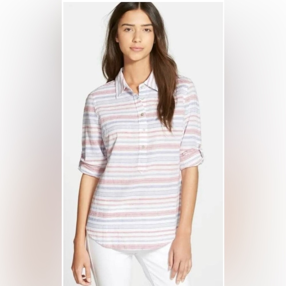 Vineyard Vine women’s size 6 blouse‎ with roll up sleeves linen blend